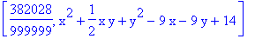 [382028/999999, x^2+1/2*x*y+y^2-9*x-9*y+14]